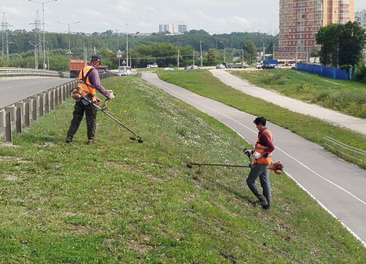 Тульские рабочие окашивали газоны на Новомосковском шоссе и Восточном обводе